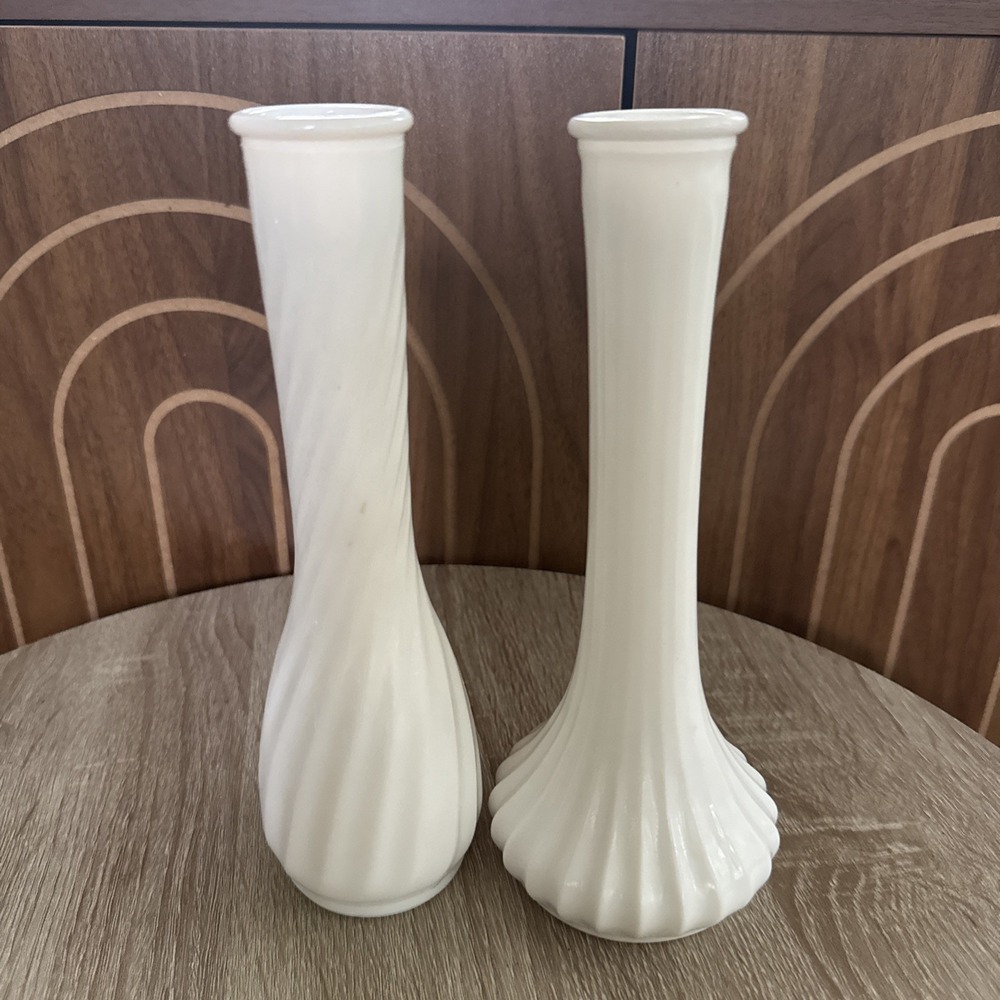 Hoosier Swirl White Milk Glass Vase & Ribbed Vase Vintage Set of 2